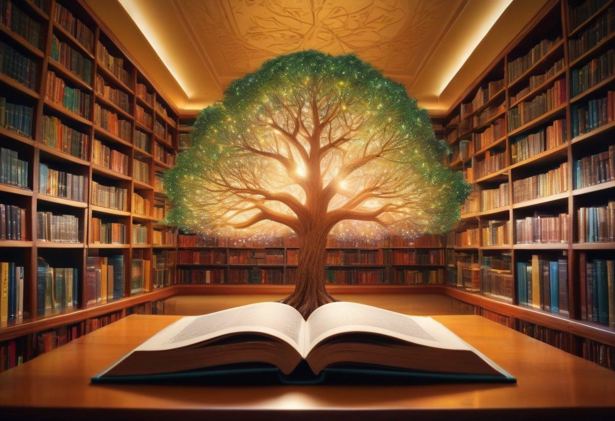 An expansive open book radiating light, surrounded by diverse symbols representing various topics such as science, literature, technology, and art. In the background, a vibrant library filled with colorful bookshelves, and a glowing knowledge tree, symbolizing growth and empowerment. The atmosphere should be inspiring and inviting, encouraging exploration. surrealistic. vibrant colors. soft focus.