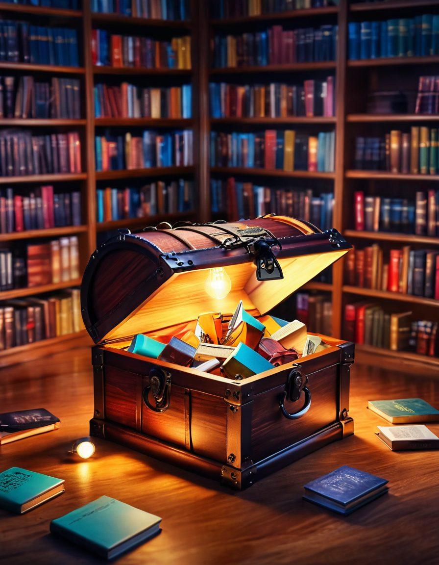 A key unlocking a treasure chest filled with books, articles, and digital devices symbolizing diverse topics. Surrounding the chest are glowing lightbulbs representing insights and ideas. The background features a vibrant library with a modern touch, emphasizing knowledge and discovery. super-realistic. vibrant colors. warm lighting.