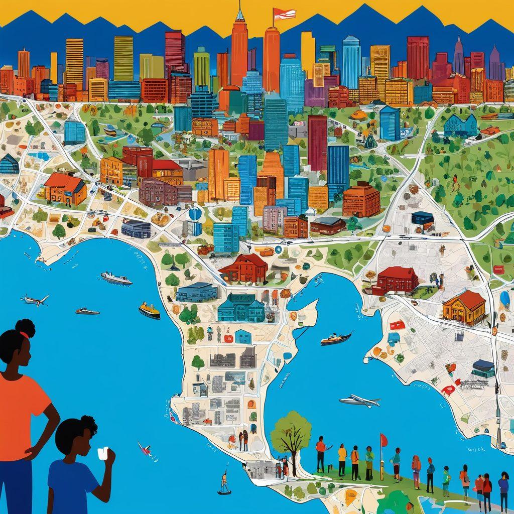 A detailed map with various symbols representing community resources, such as schools, shelters, and support groups. In the foreground, a diverse group of people collaborating over the map, showcasing camaraderie and support. The background features a vibrant city skyline, symbolizing community and connection. Bright colors and clear visuals to make it engaging. super-realistic. vibrant colors.